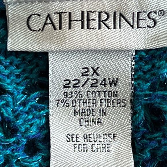 Catherines | Sparkly Teal Open Weave Knit Short Sleeve Cotton Sweater, 2X - Picture 5 of 5